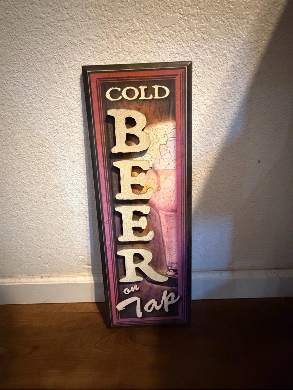Cold Beer on Tap Wall Sign - Vintage Wood Look in Brown and Cream